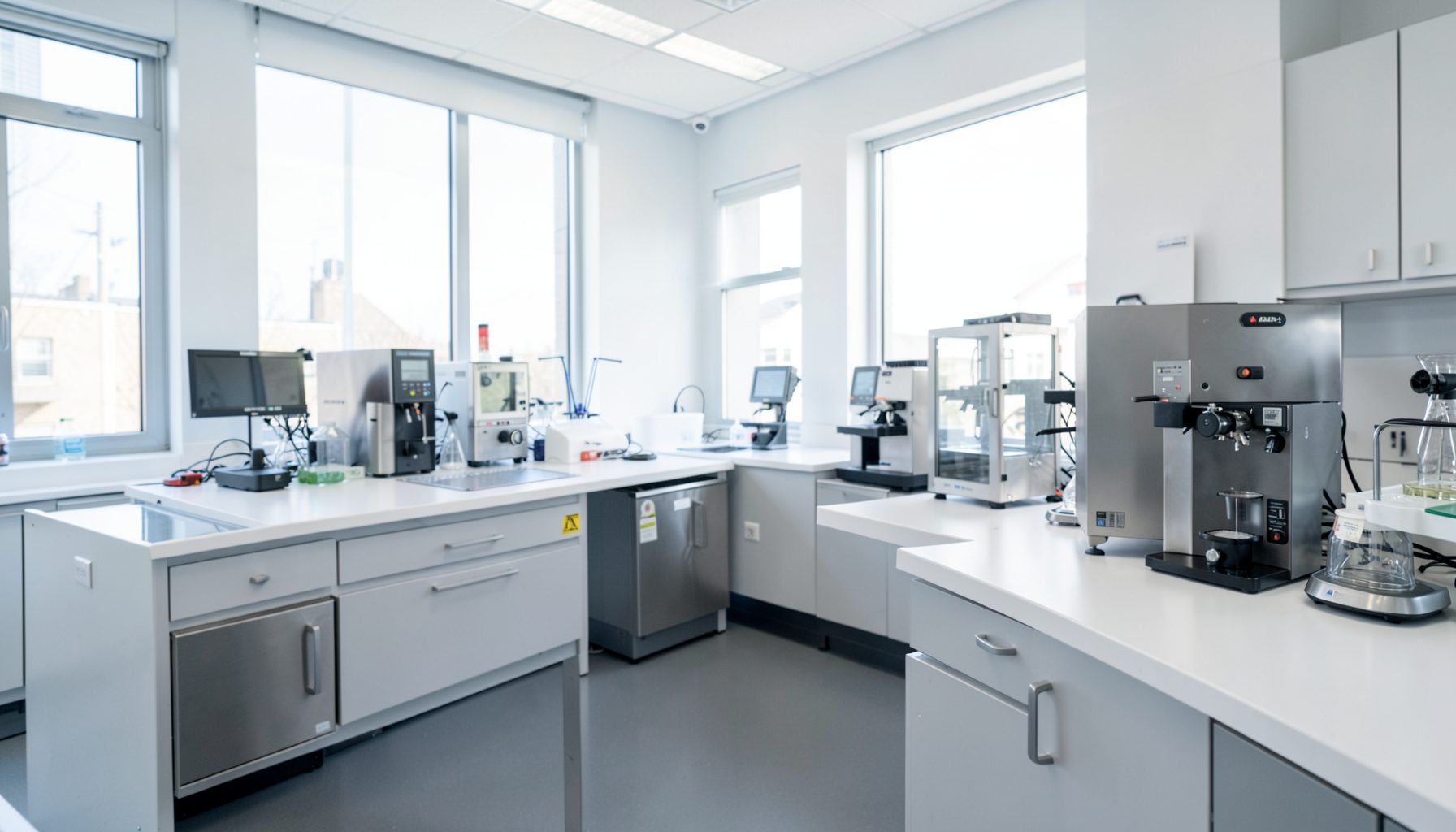 A bright, modern laboratory workspace with clean white counters, stainless steel equipment, and soft natural light streaming through windows