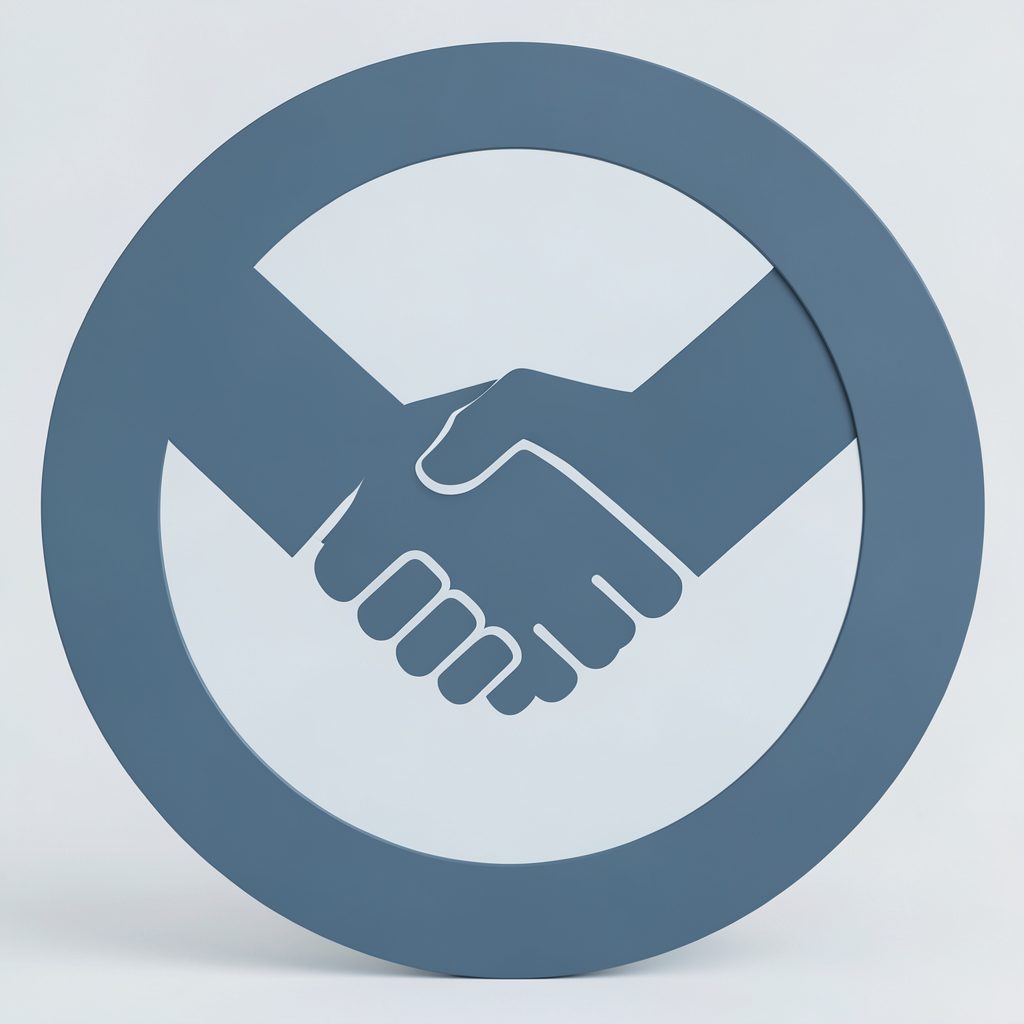 A circular icon with a handshake motif in slate blue against a pale blue-gray background, representing partnership and collaboration
