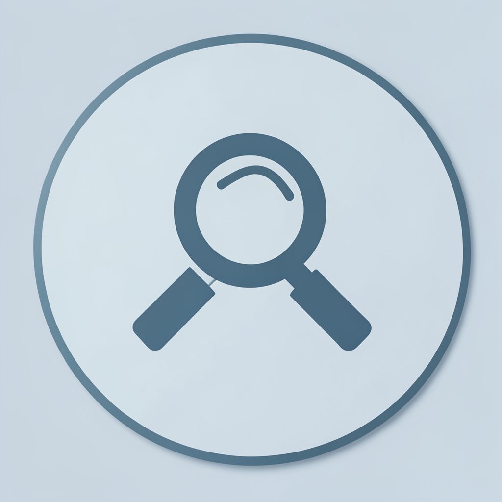 A circular icon with a magnifying glass motif in slate blue against a pale blue-gray background, representing search and discovery