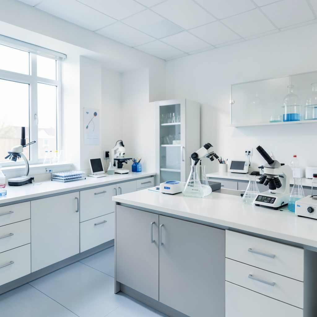 A clean, modern laboratory workspace with soft natural light, white surfaces, and subtle blue-gray accents