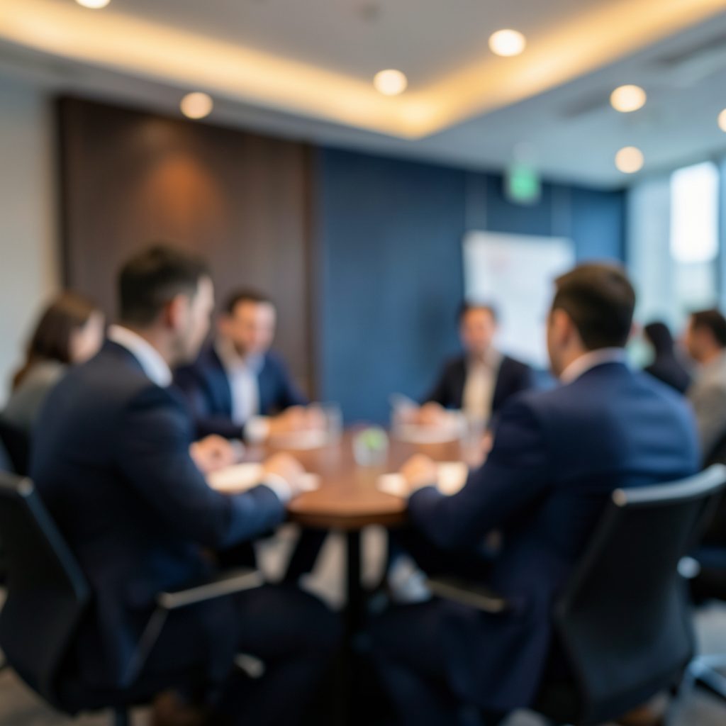 A softly blurred background of a conference or meeting space with warm ambient lighting and navy blue tones
