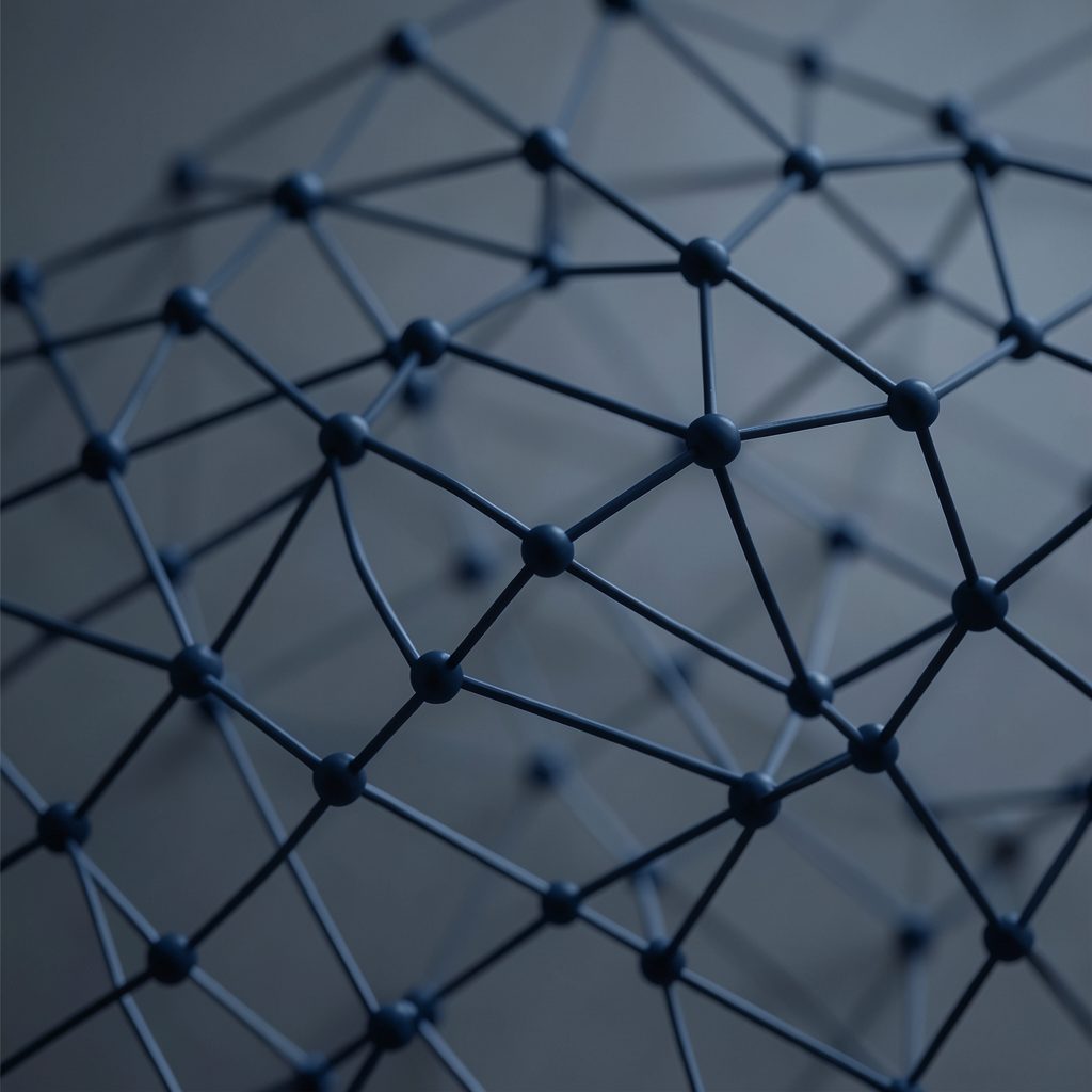 A softly lit abstract composition of interconnected geometric nodes in deep navy blue and slate blue tones, suggesting a network