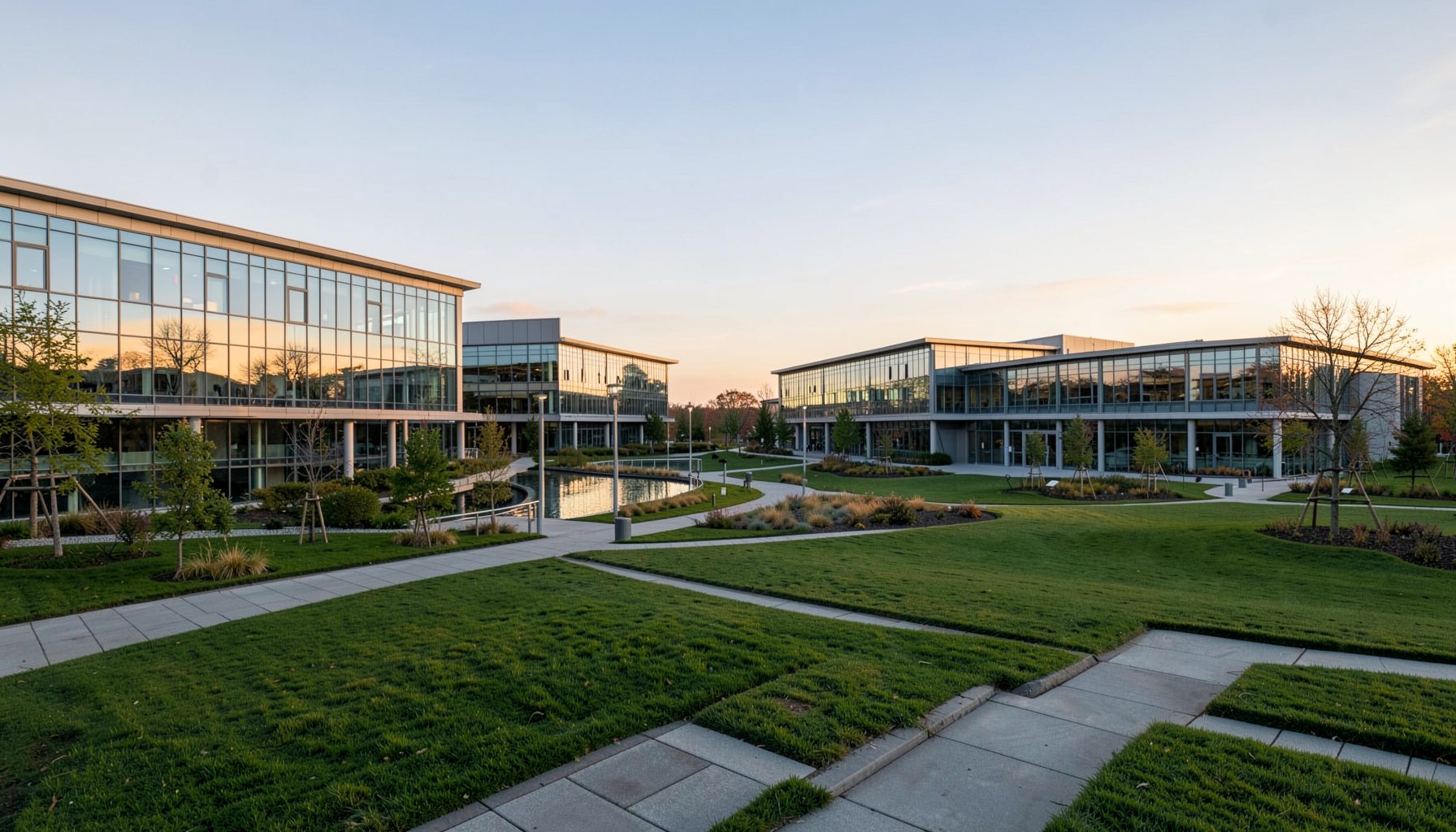 A wide panoramic view of a modern research campus at golden hour, with low-rise glass-and-steel buildings set among green landscaping, conveying innovation and collaboration