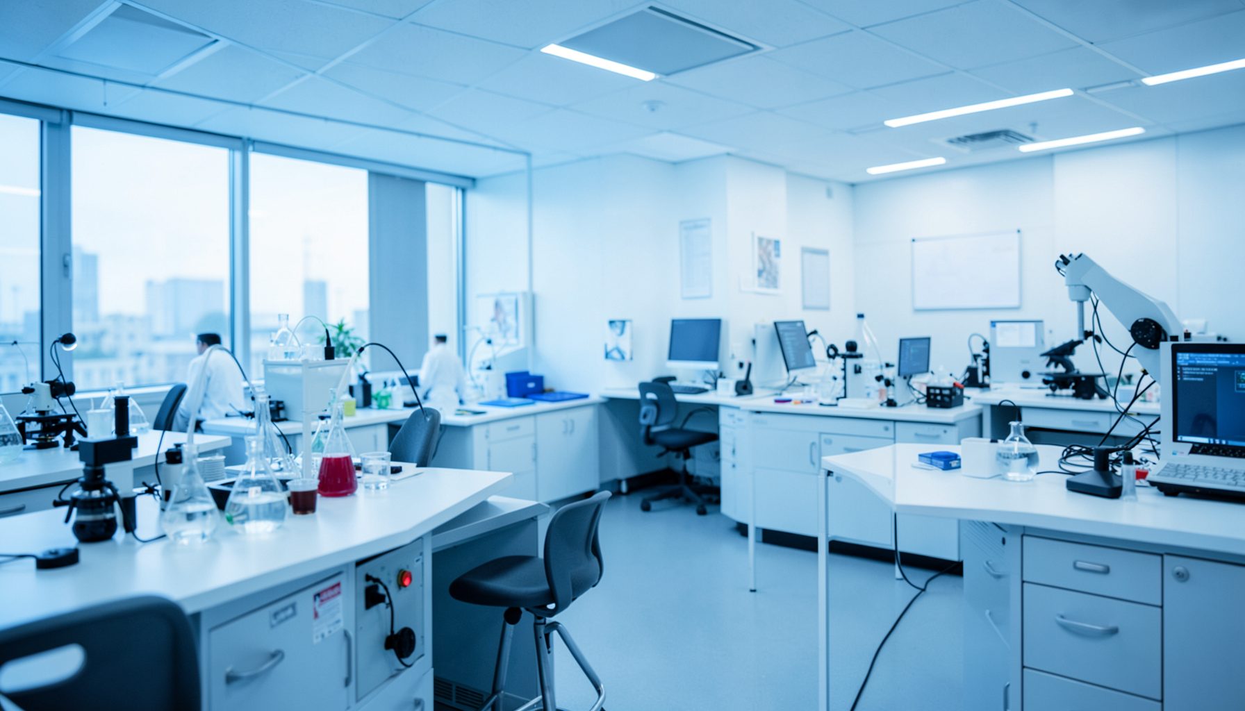 Abstract laboratory research environment with cool blue and white tones, featuring clean scientific workstations and soft ambient lighting